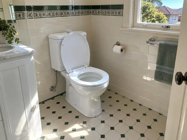 Clean white toilet in a tiled bathroom with window and towel rail in Riverstone