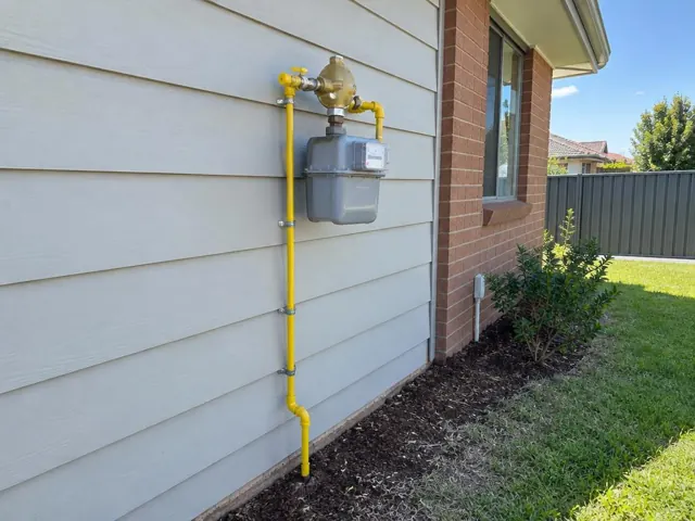 Yellow gas meter and pipework on a brick and weatherboard house exterior in Ropes Crossing