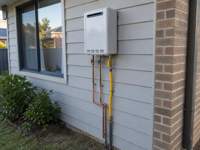 External hot water unit with copper and gas lines on a house wall beside a window in Marsden Park